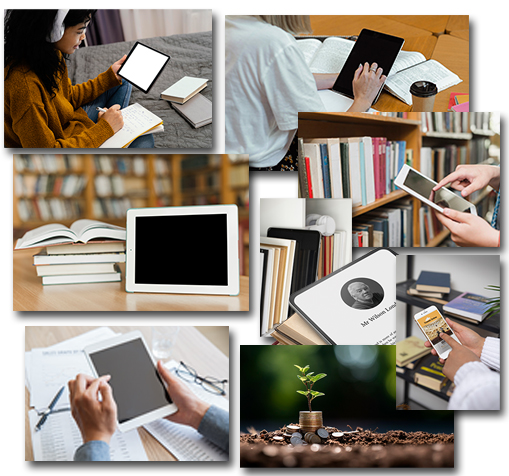 Academic reading scenes: people consulting books and tablets in libraries and at desks